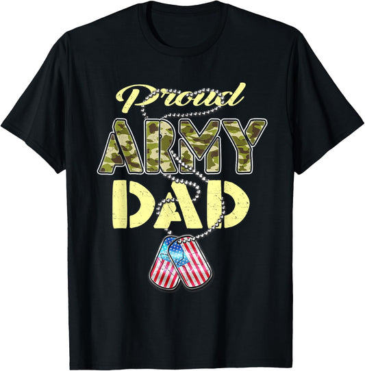 Proud Army Dad US Flag Camo Dog Tags Pride Military Father Men Women Kids T-Shirt - T-Shirt | Black