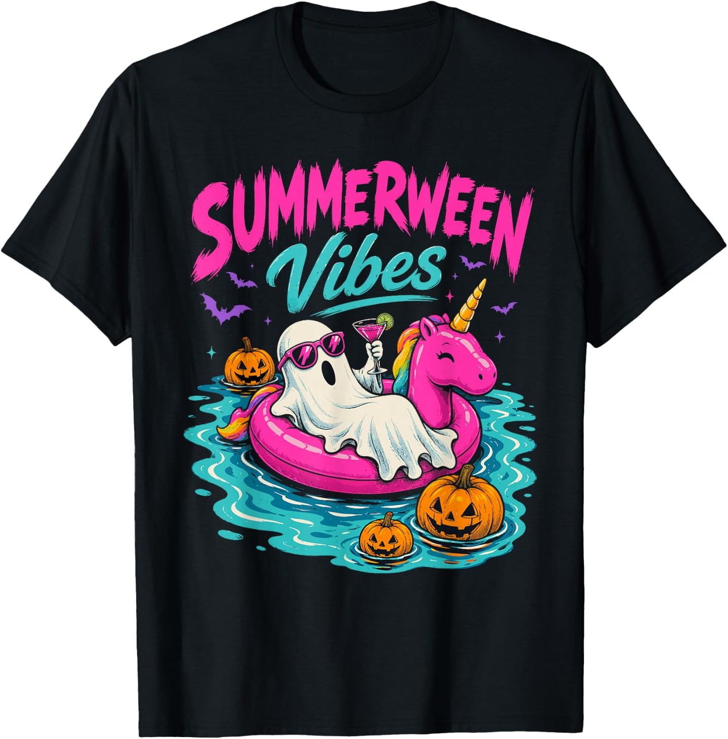 Summerween Vibes Spooky Ghost Unicorn Beach Halloween Girls T-Shirt - T-Shirt | Black