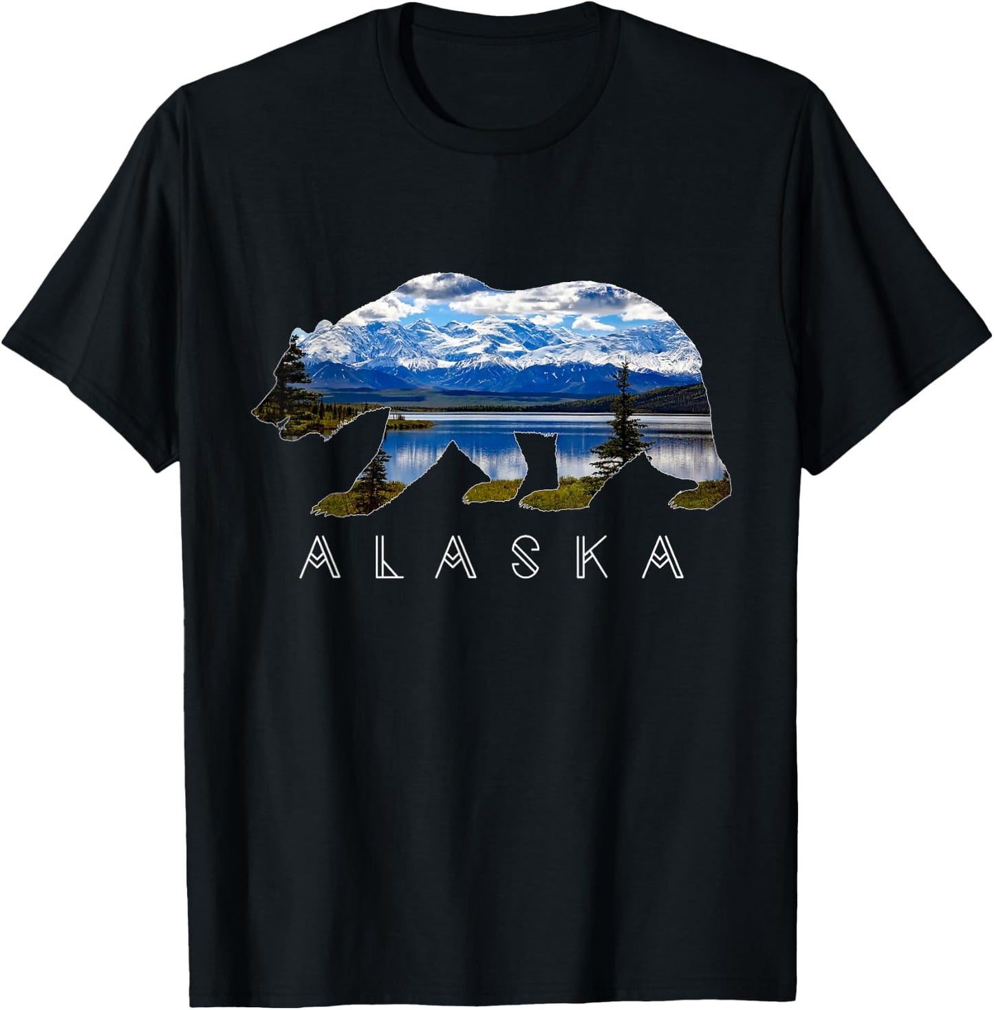 Alaskan Bear with Lake & Mountain Souvenir T-Shirt - T-Shirt | Black
