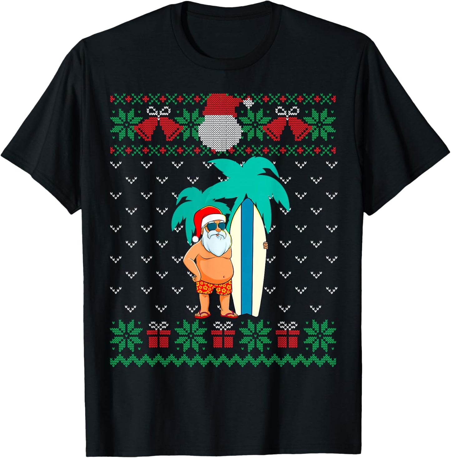 Christmas in July, Summer Santa Ugly Xmas Sweater Tropical T-Shirt - T-Shirt | Black