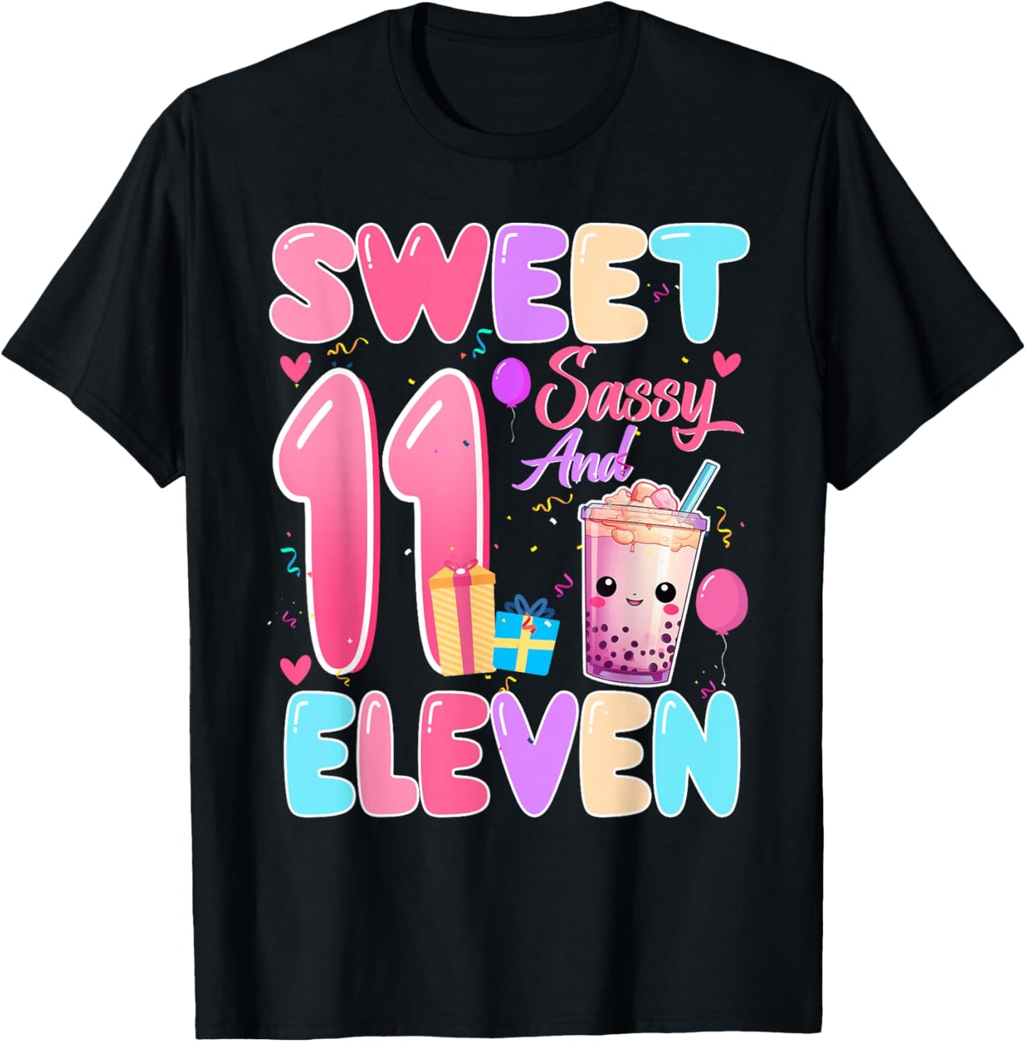 Sweet Sassy and Eleven 11th Birthday Bubble Boba Tea T-Shirt - T-Shirt | Black