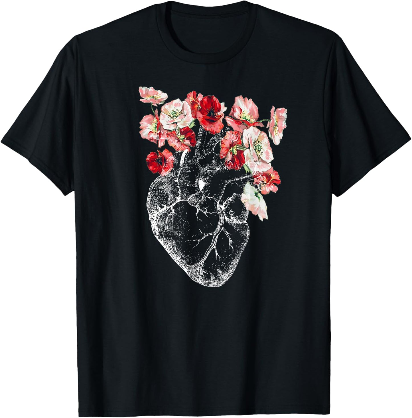 Anatomical Heart and Flowers T-Shirt - T-Shirt | Black