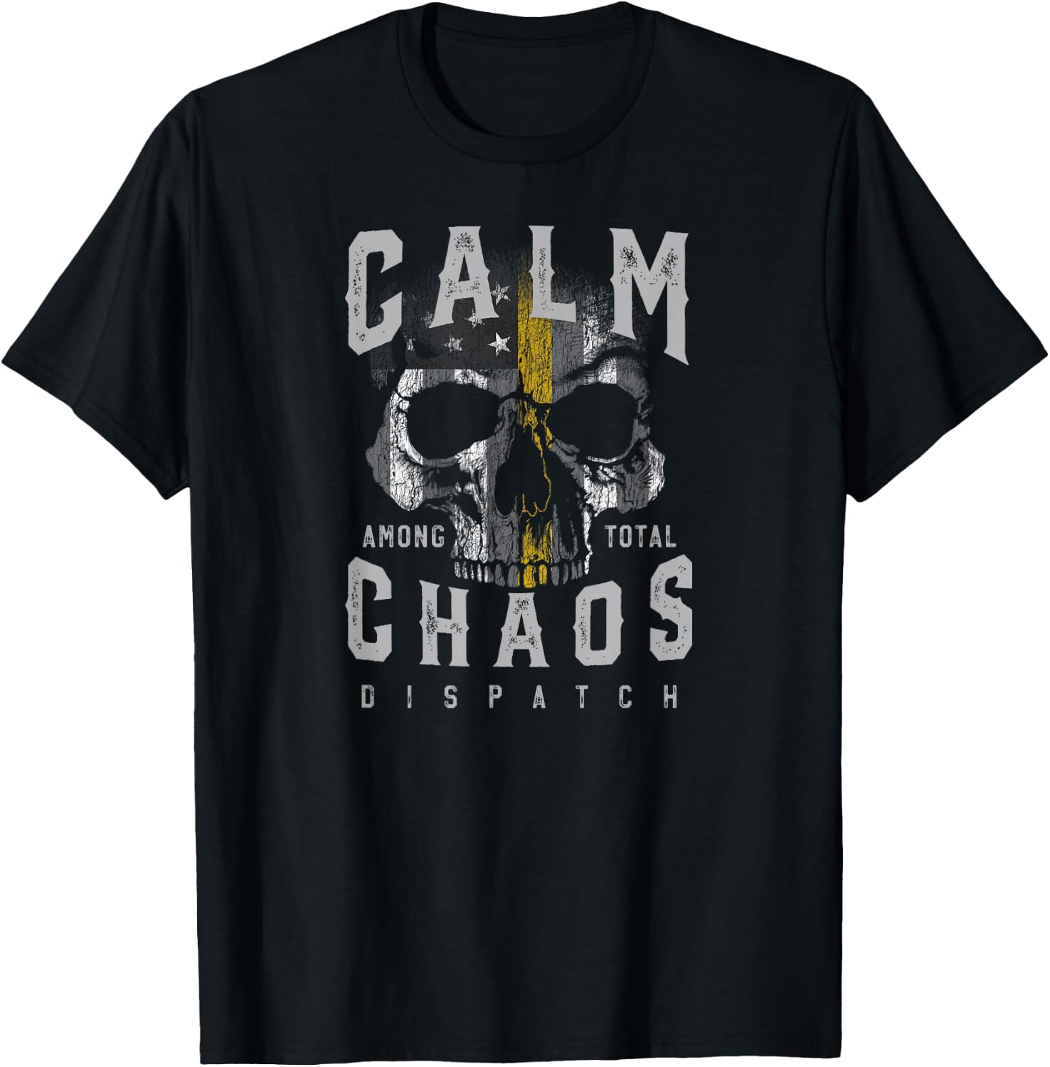 Thin Gold Line LEO Emergency Dispatcher Skull American Flag T-Shirt - T-Shirt | Black
