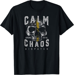Thin Gold Line LEO Emergency Dispatcher Skull American Flag T-Shirt - T-Shirt | Black