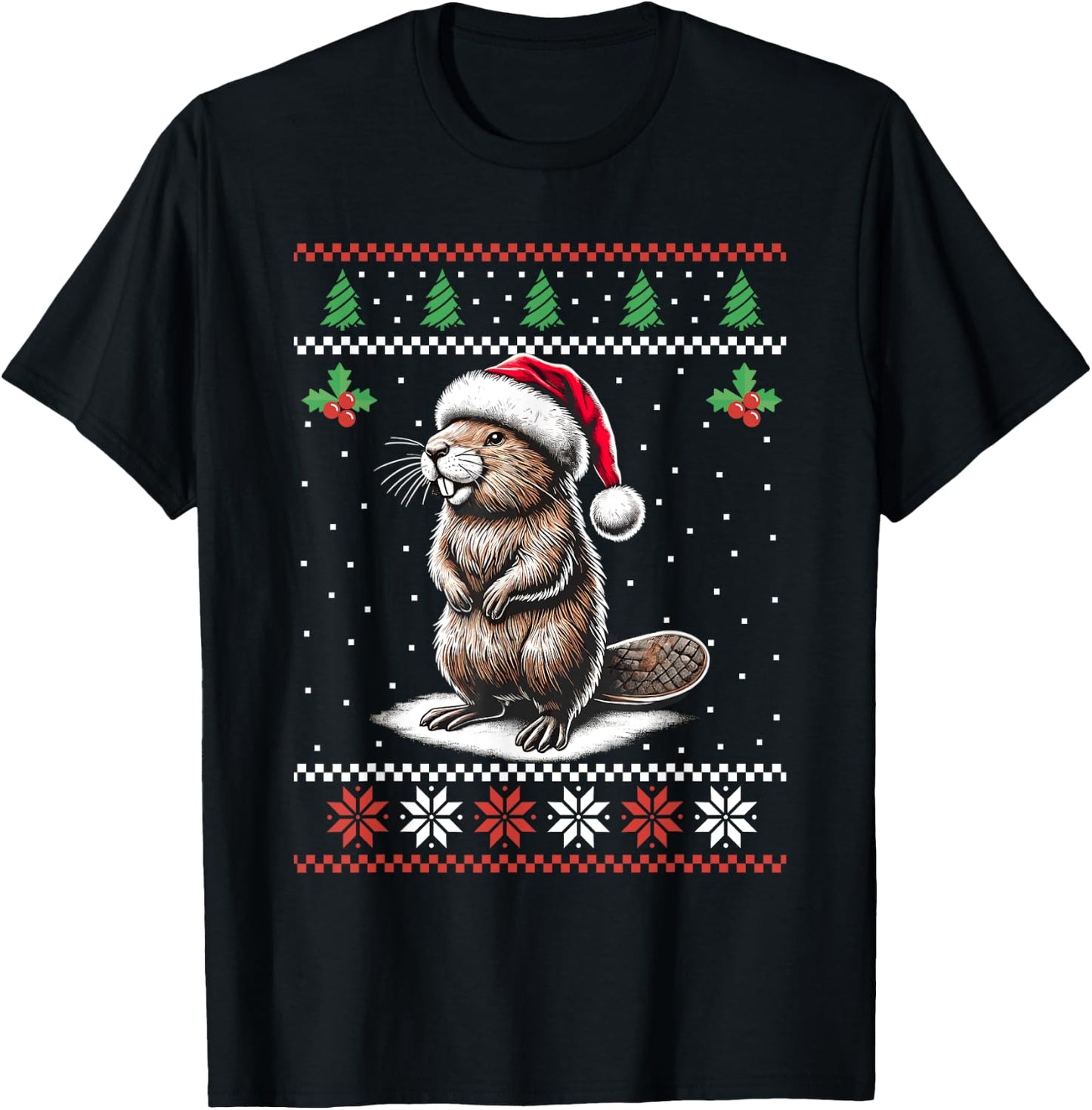 Beaver Santa Hat Ugly Christmas Sweater Xmas T-Shirt - T-Shirt | Black