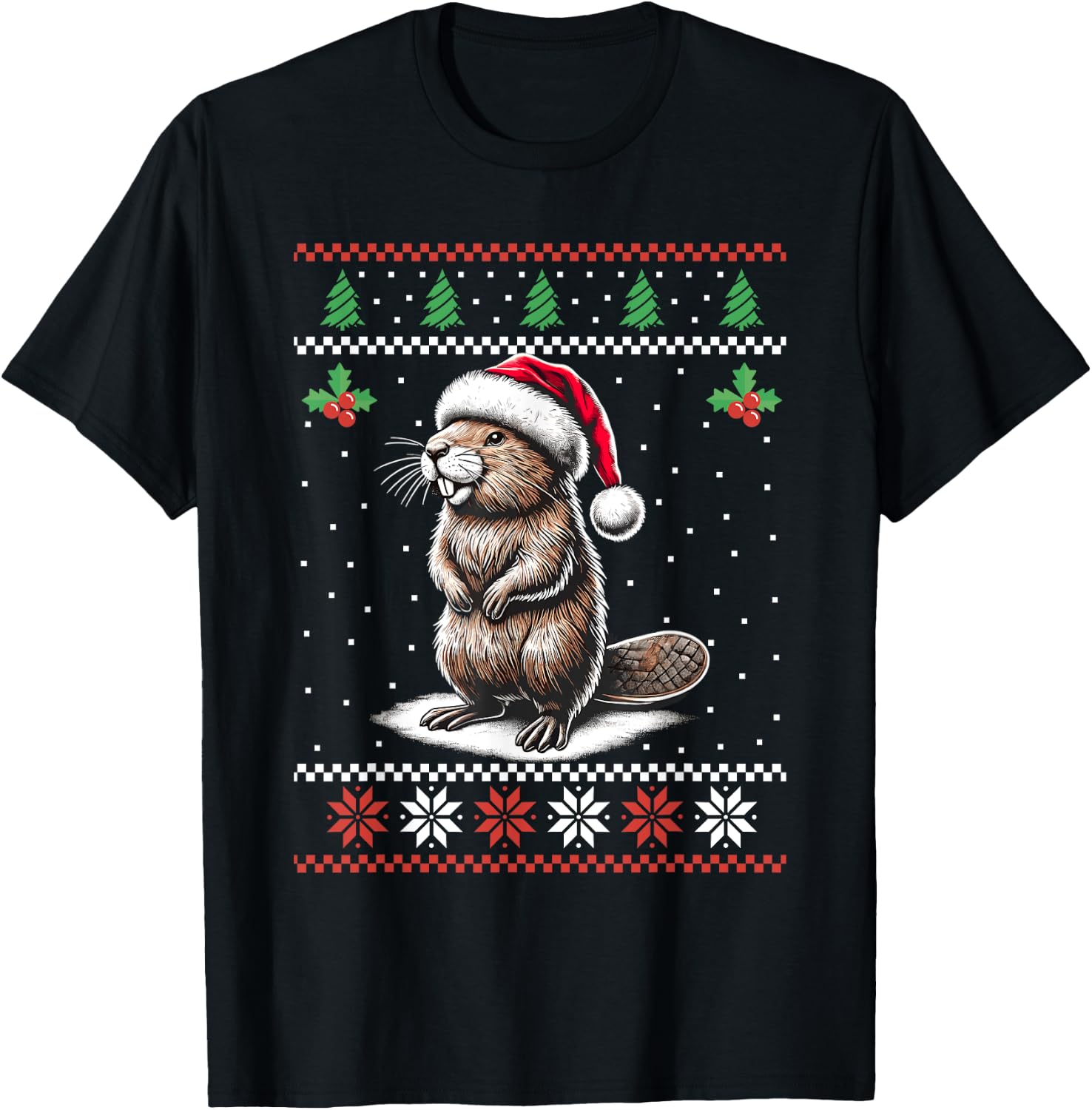 Beaver Santa Hat Ugly Christmas Sweater Xmas T-Shirt - T-Shirt | Black