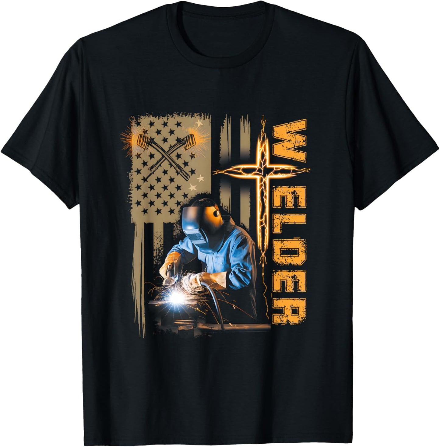 Welder American Flag Welding Faith Cross Christian Religious T-Shirt - T-Shirt | Black