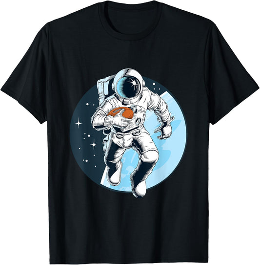 Astronaut Playing Football in Space Moon Touchdown T-Shirt - T-Shirt | Black