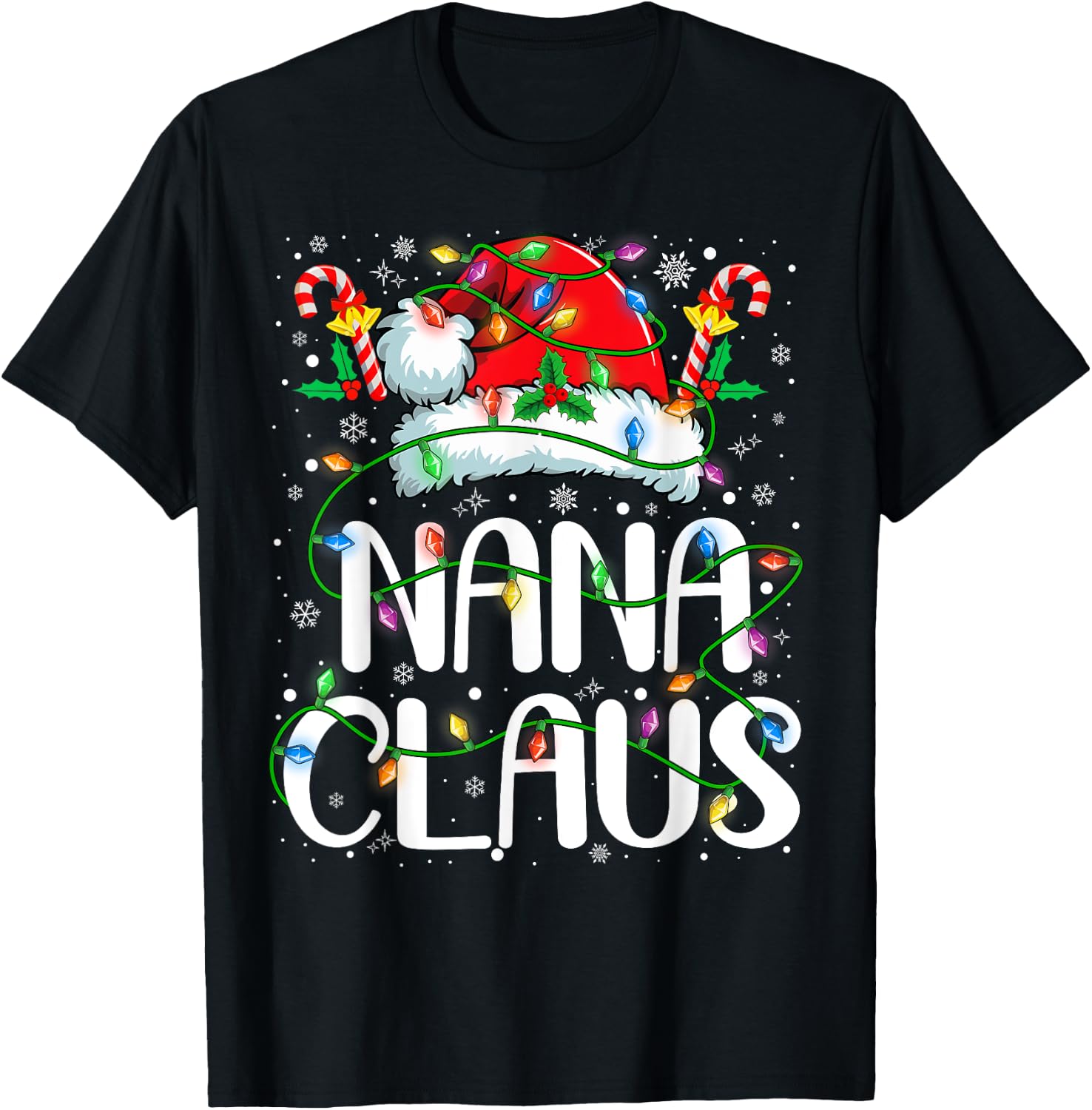 Nana Claus Christmas Lights Pajama Xmas Family Matching T-Shirt - T-Shirt | Black