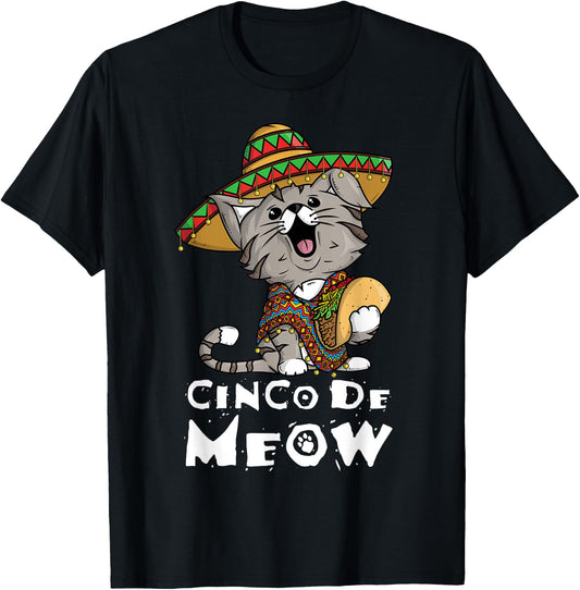 Cinco De Meow Shirt with Smiling Cat Taco and Sombrero Men Women Girls Kids T-Shirt - T-Shirt | Black