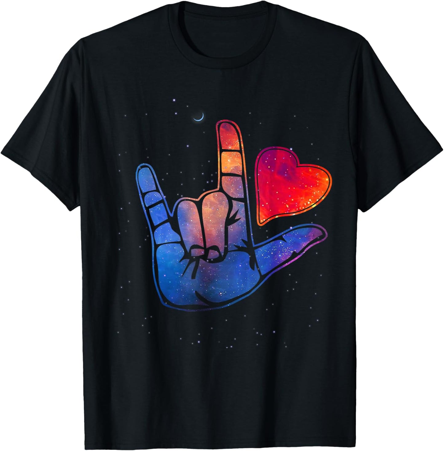 Sign Language I Love You T Shirt Space Stars Heart Gift T-Shirt - T-Shirt | Black