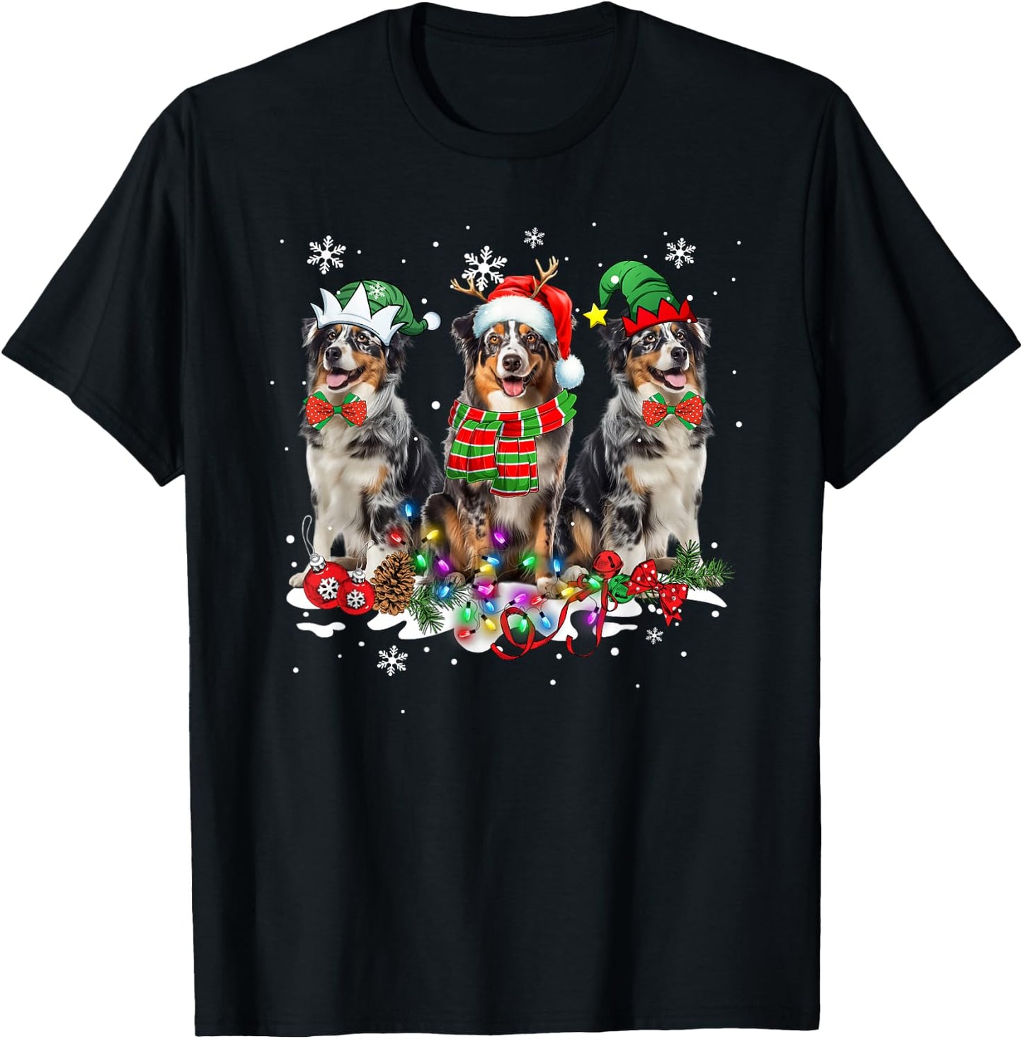 Funny Christmas Pajama Dog Australian Shepherd Dog T-Shirt - T-Shirt | Black