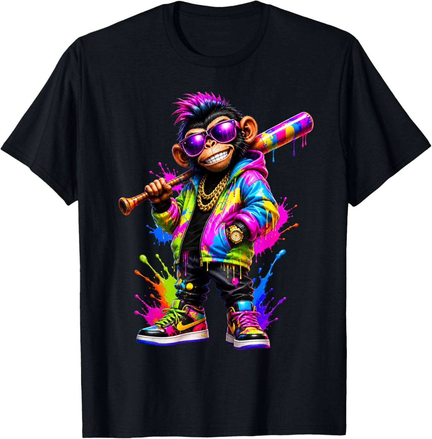 Monkey Baseball Drip Funny Animal Party Sport Cool Graphic T-Shirt - T-Shirt | Black