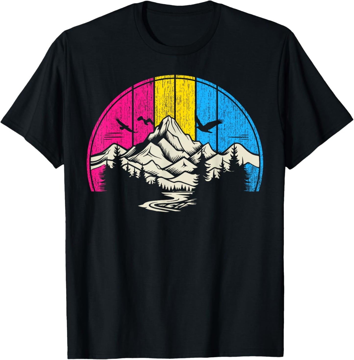 Pansexual Pride Retro Forest Mountain River Art T-Shirt - T-Shirt | Black