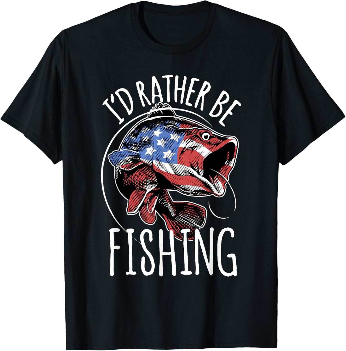 Fishing Shirt USA Flag Fish | I'd Rather Be Fishing T-Shirt - T-Shirt | Black