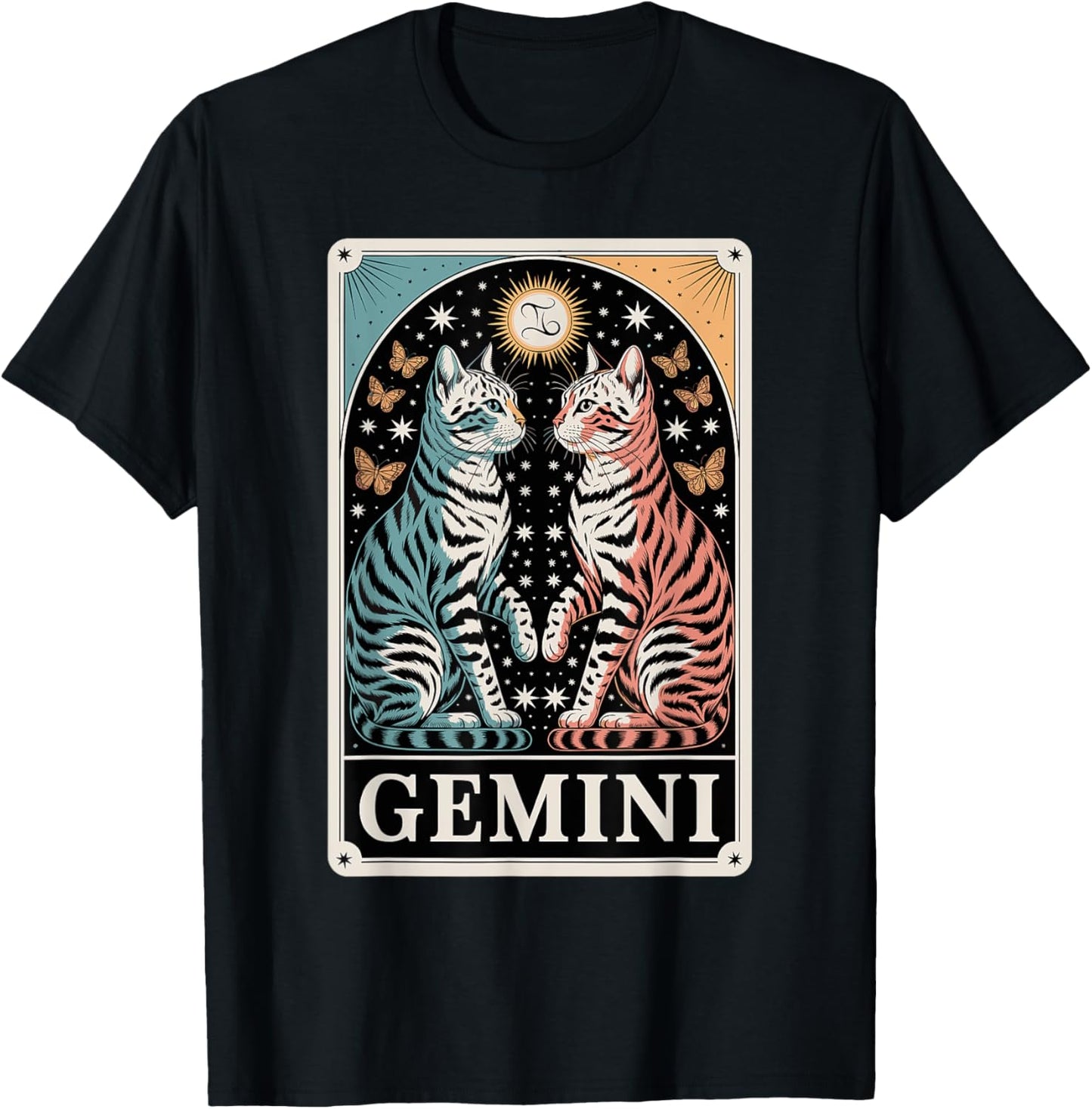 Gemini Cats Zodiac Twins Butterfly Stars Magic T-Shirt - T-Shirt | Black