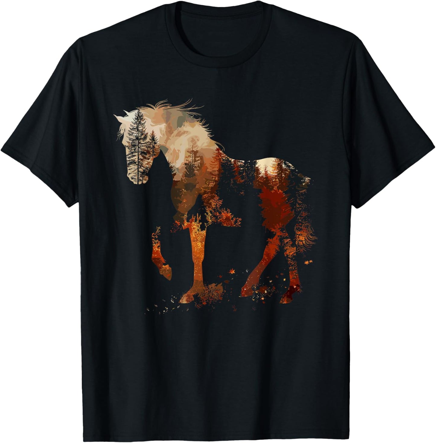 Cute Horse Lover Autumn Leaves Pony Animal Wildlife T-Shirt - T-Shirt | Black