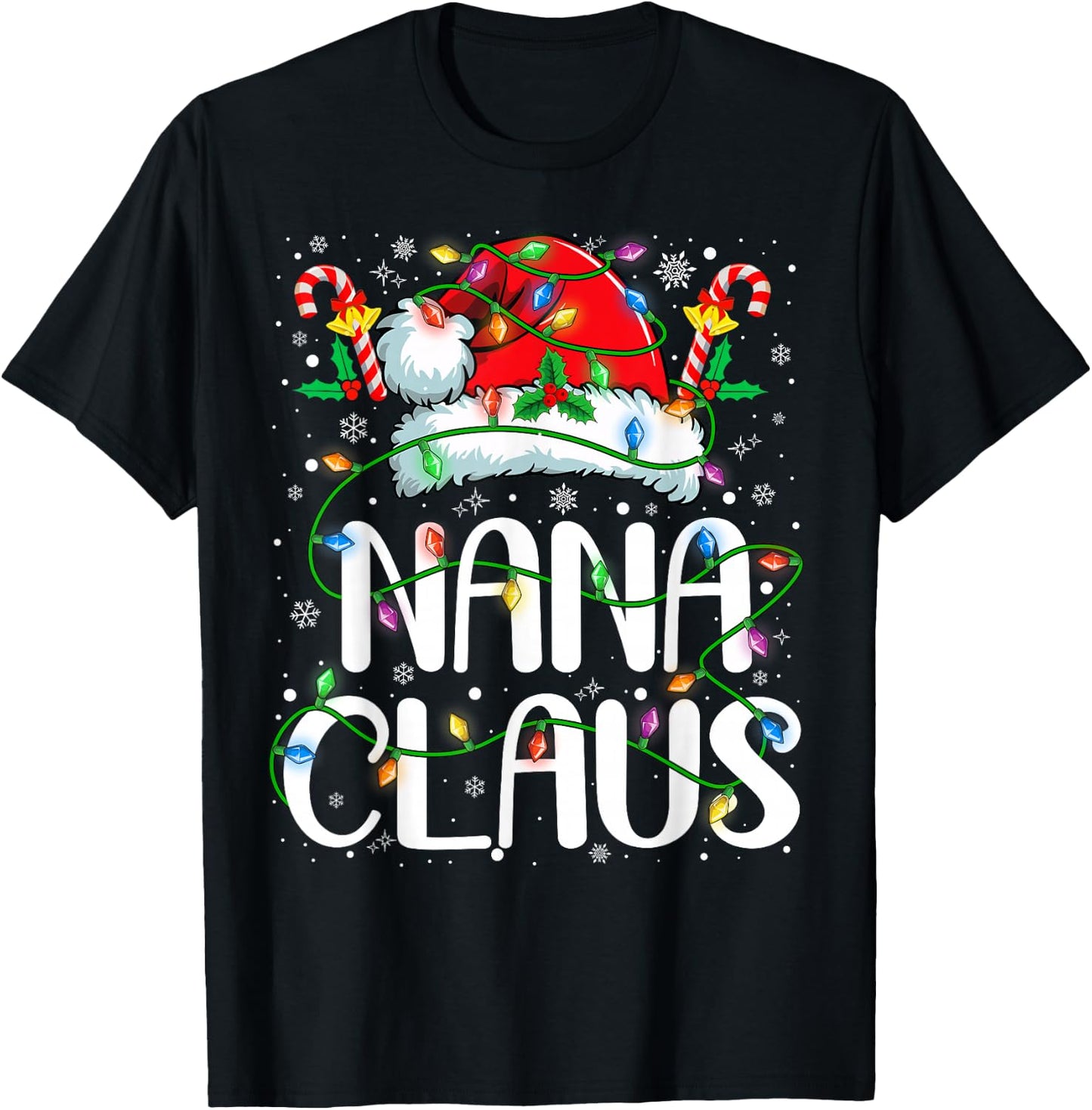 Nana Claus Christmas Lights Pajama Xmas Family Matching T-Shirt - T-Shirt | Black