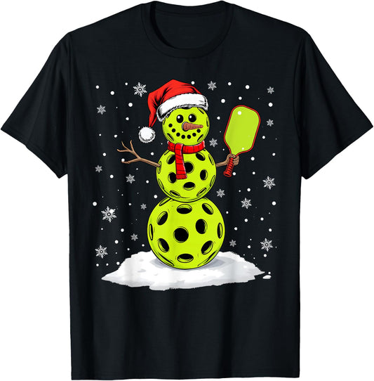 Santa Hat Snowman Xmas Funny Pickleball Lover Christmas T-Shirt - T-Shirt | Black