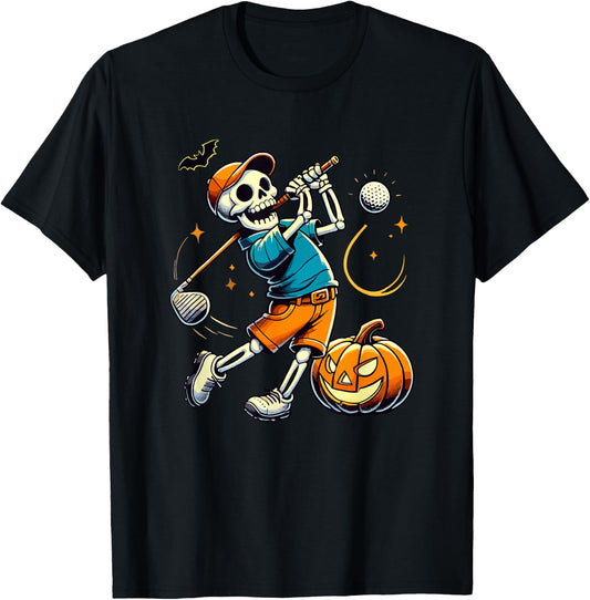 Halloween Skeleton Golf Player Golfing Golfer Pumpkin T-Shirt - T-Shirt | Black
