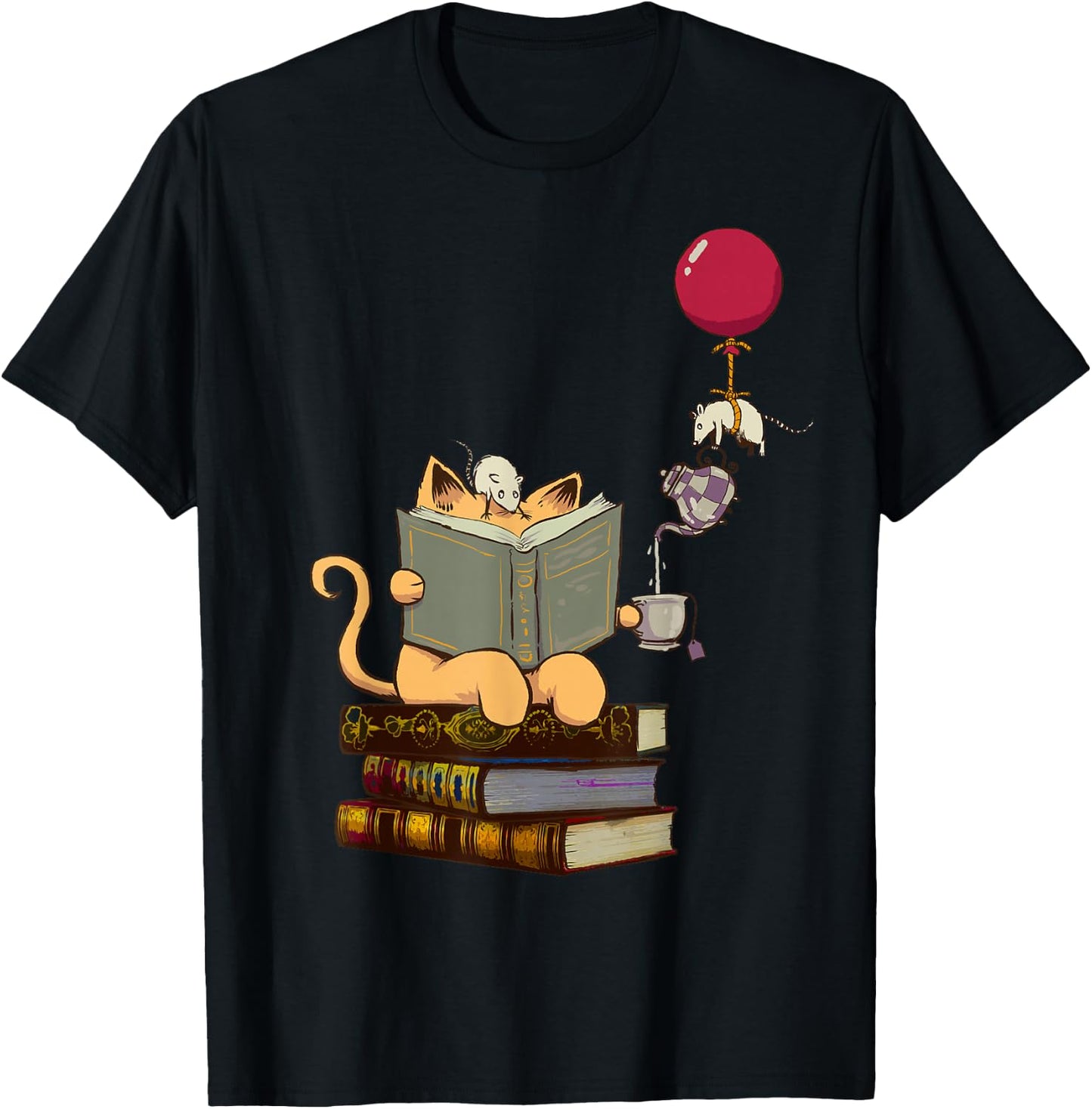 Kittens, Cats, Tea, Books and Balloon T-Shirt - T-Shirt | Black