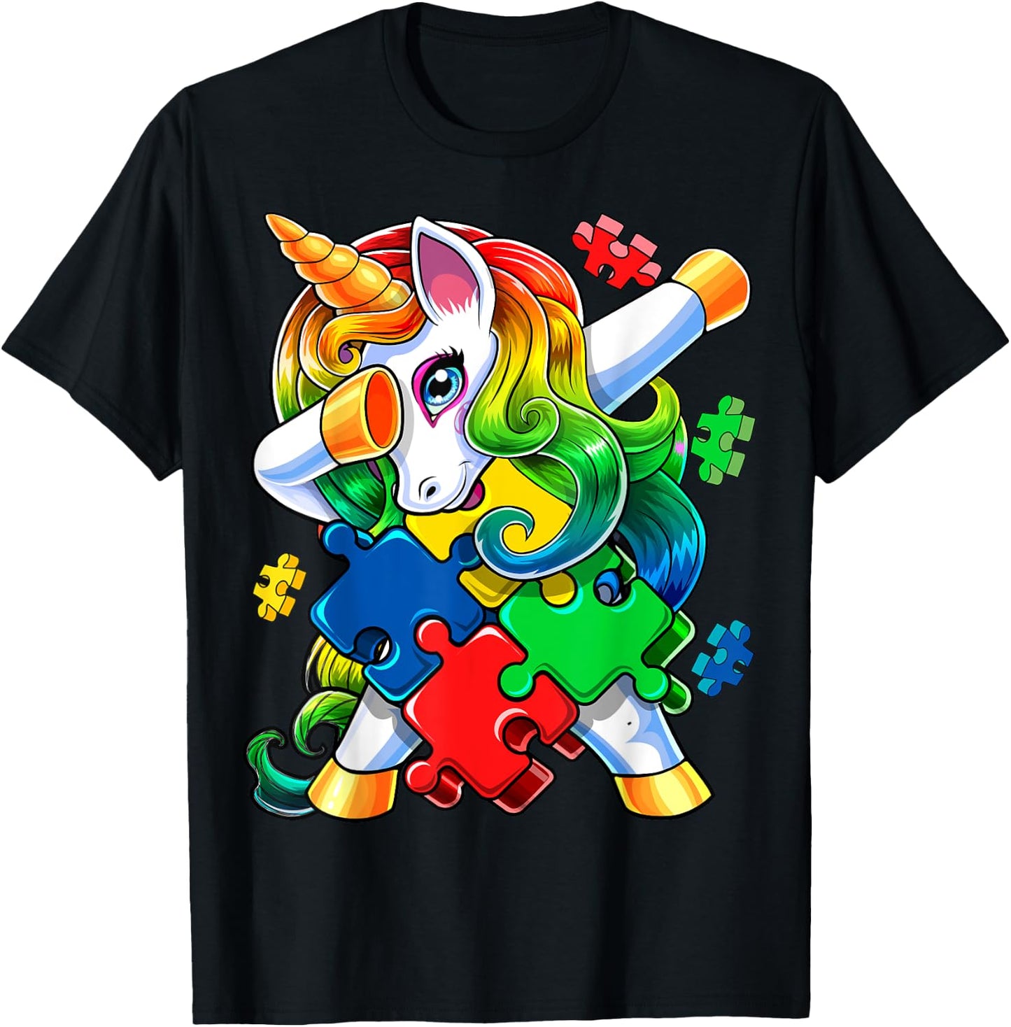 Autism Awareness Dabbing Unicorn Puzzle Piece Gift Kids T-Shirt - T-Shirt | Black