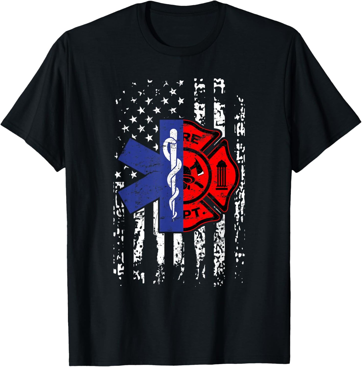 EMT Firefighter Firefighter EMT American Flag Gift T-Shirt - T-Shirt | Black
