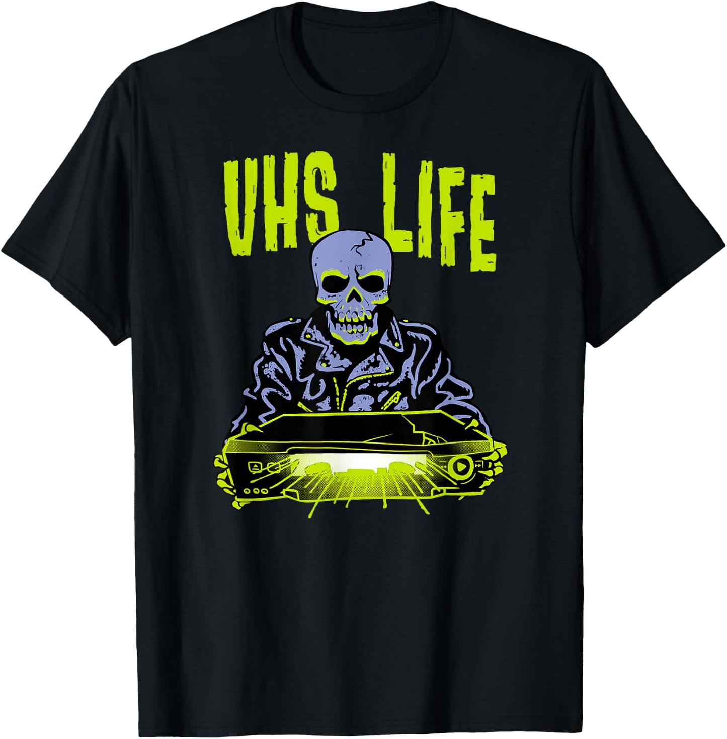 VHS Life - Skull Biker Punk with Glowing Evil VCR T-Shirt - T-Shirt | Black