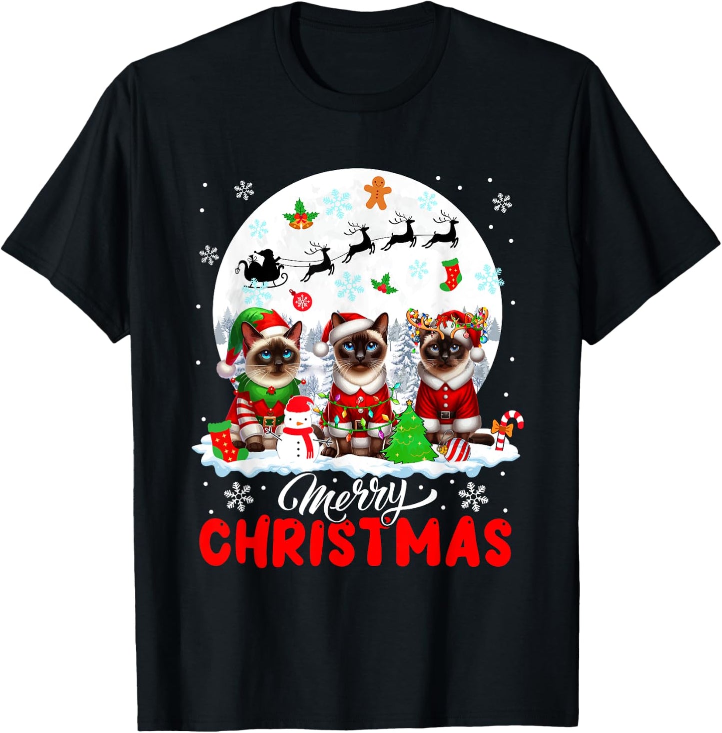 Merry Christmas Three Santa Elf Reindeer Siamese Cats Owner T-Shirt - T-Shirt | Black