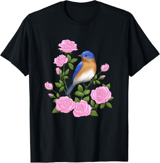 Eastern Bluebird and Pretty Pink Roses T-Shirt - T-Shirt | Black