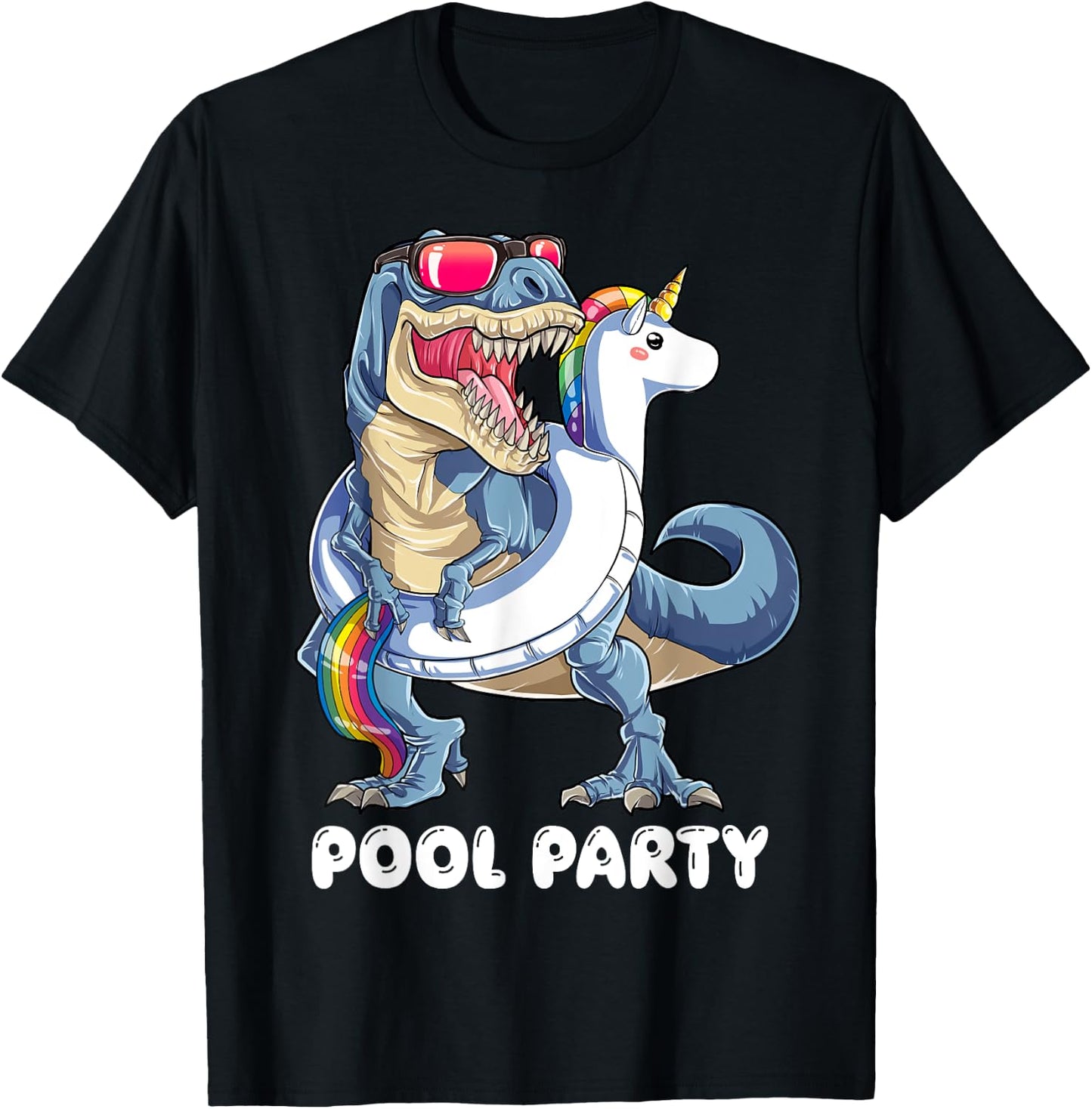 Pool Party Dinosaur Unicorn T shirt T rex Float Rainbow Gift T-Shirt - T-Shirt | Black