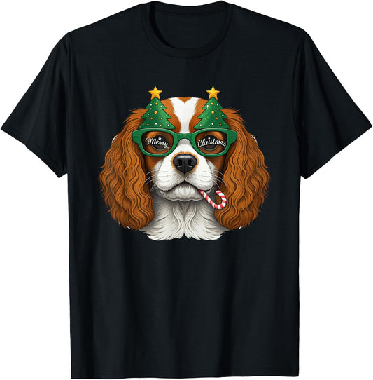 Christmas Tree Sunglasses Cavalier King Charles Spaniel T-Shirt - T-Shirt | Black