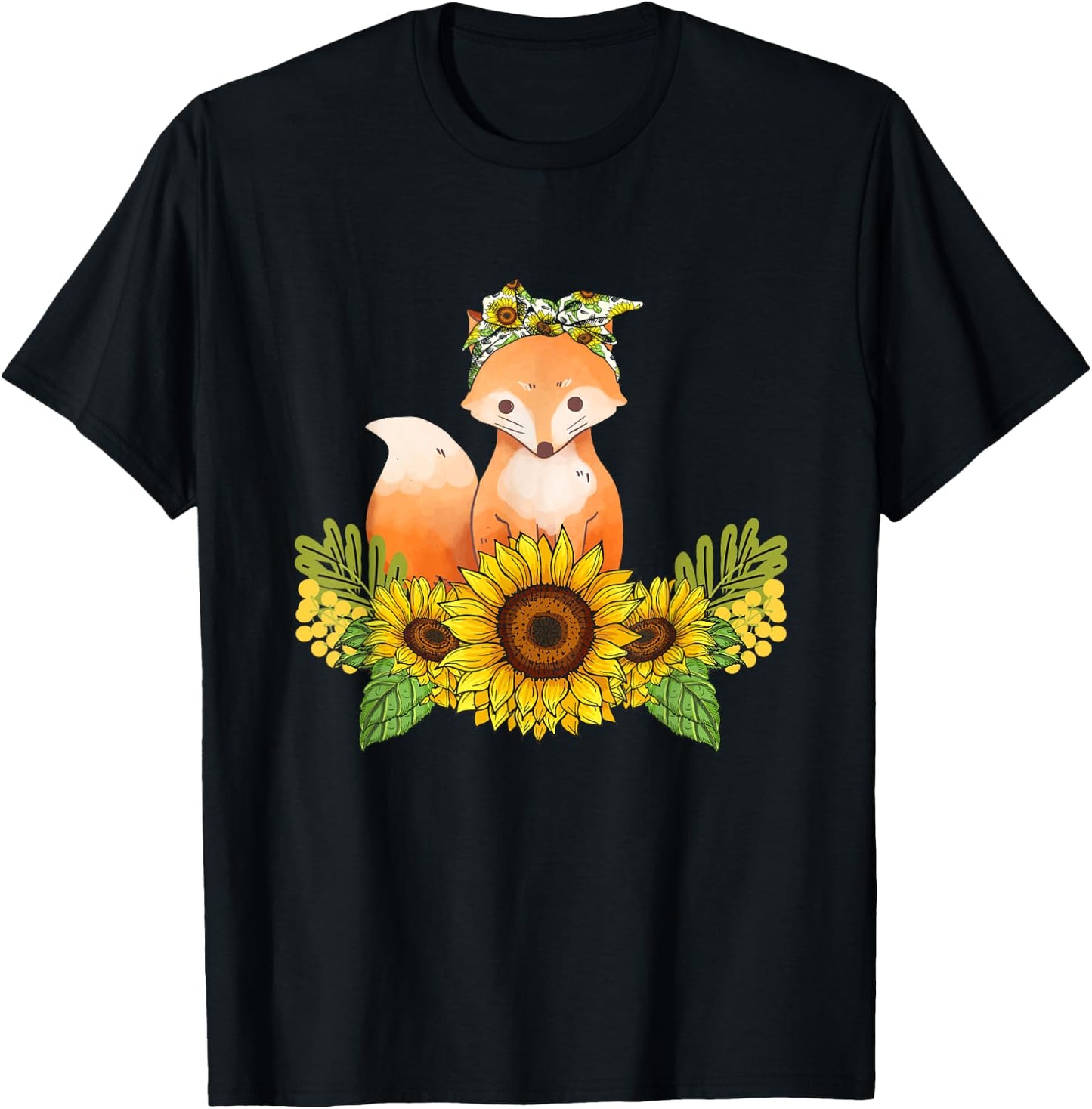 Fox Sunflower Shirt Fox Lover Animals Outfit Dog Owner Women Kids T-Shirt - T-Shirt | Black