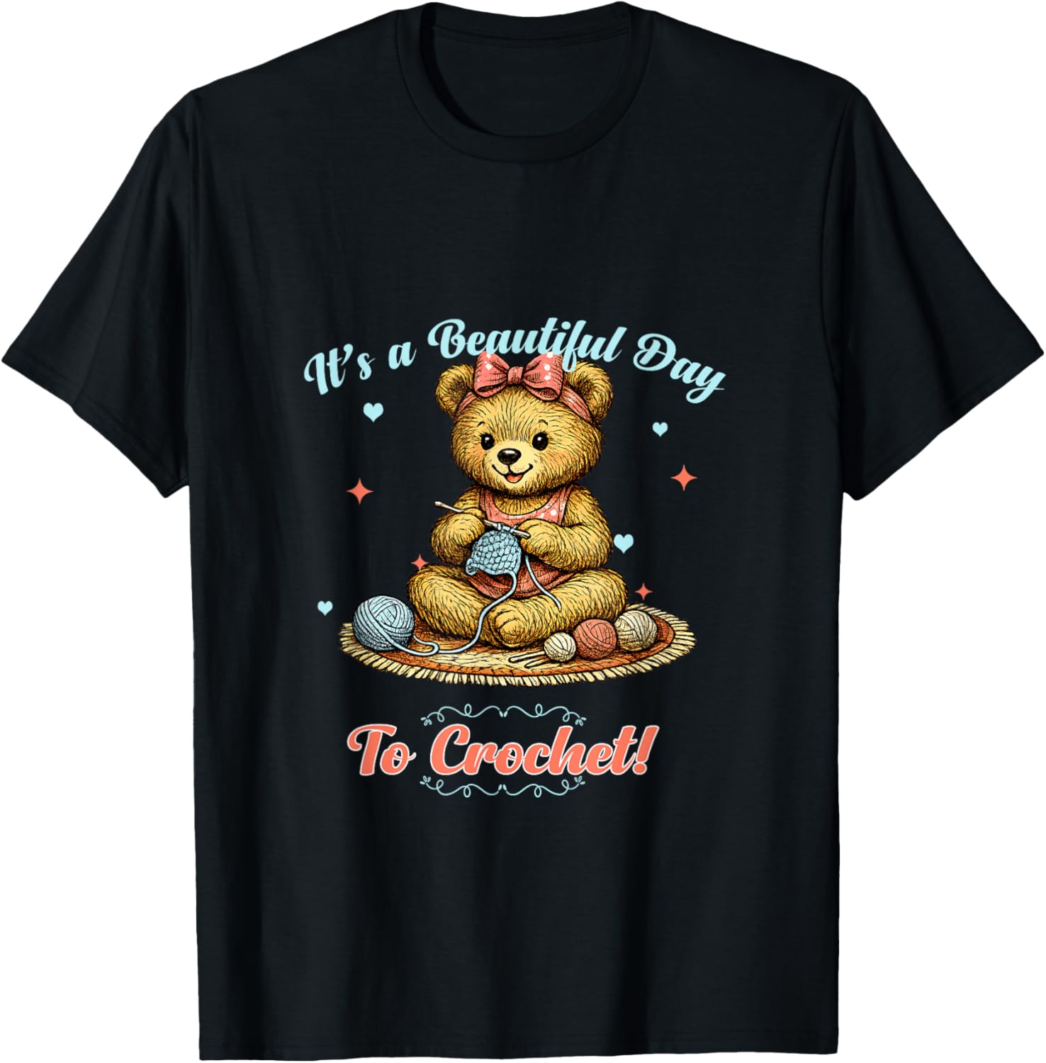 Cute Vintage Bear Crochet Hobby Crafting Storybook Graphic T-Shirt - T-Shirt | Black