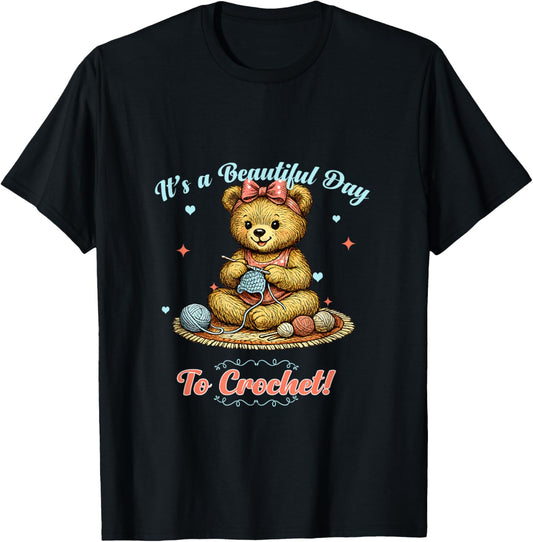 Cute Vintage Bear Crochet Hobby Crafting Storybook Graphic T-Shirt - T-Shirt | Black