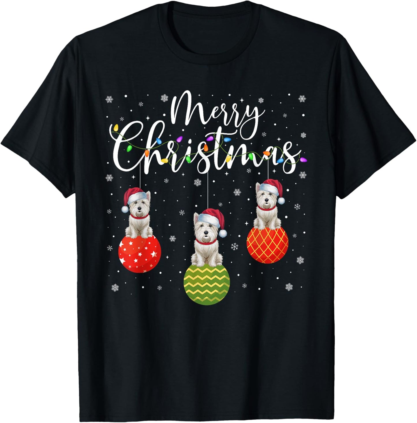 Merry Christmas Lights Santa Hat Westie Dog Ugly Xmas Men Women Kids T-Shirt - T-Shirt | Black
