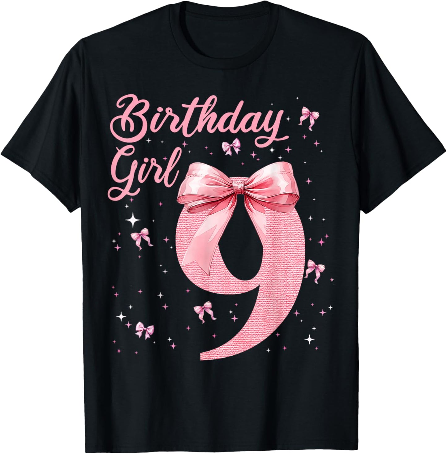 Kids 9th Birthday Girl Coquette Bow Theme 9 Year Old Girls T-Shirt - T-Shirt | Black