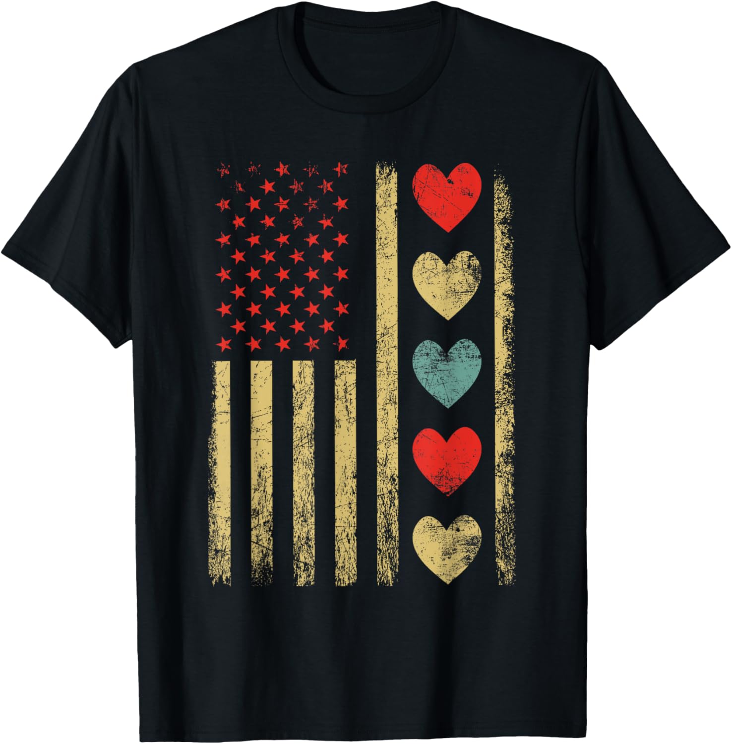 Vintage Hearts Cool Retro Flag USA Valentines Day T-Shirt - T-Shirt | Black