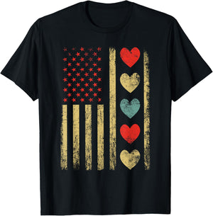 Vintage Hearts Cool Retro Flag USA Valentines Day T-Shirt - T-Shirt | Black