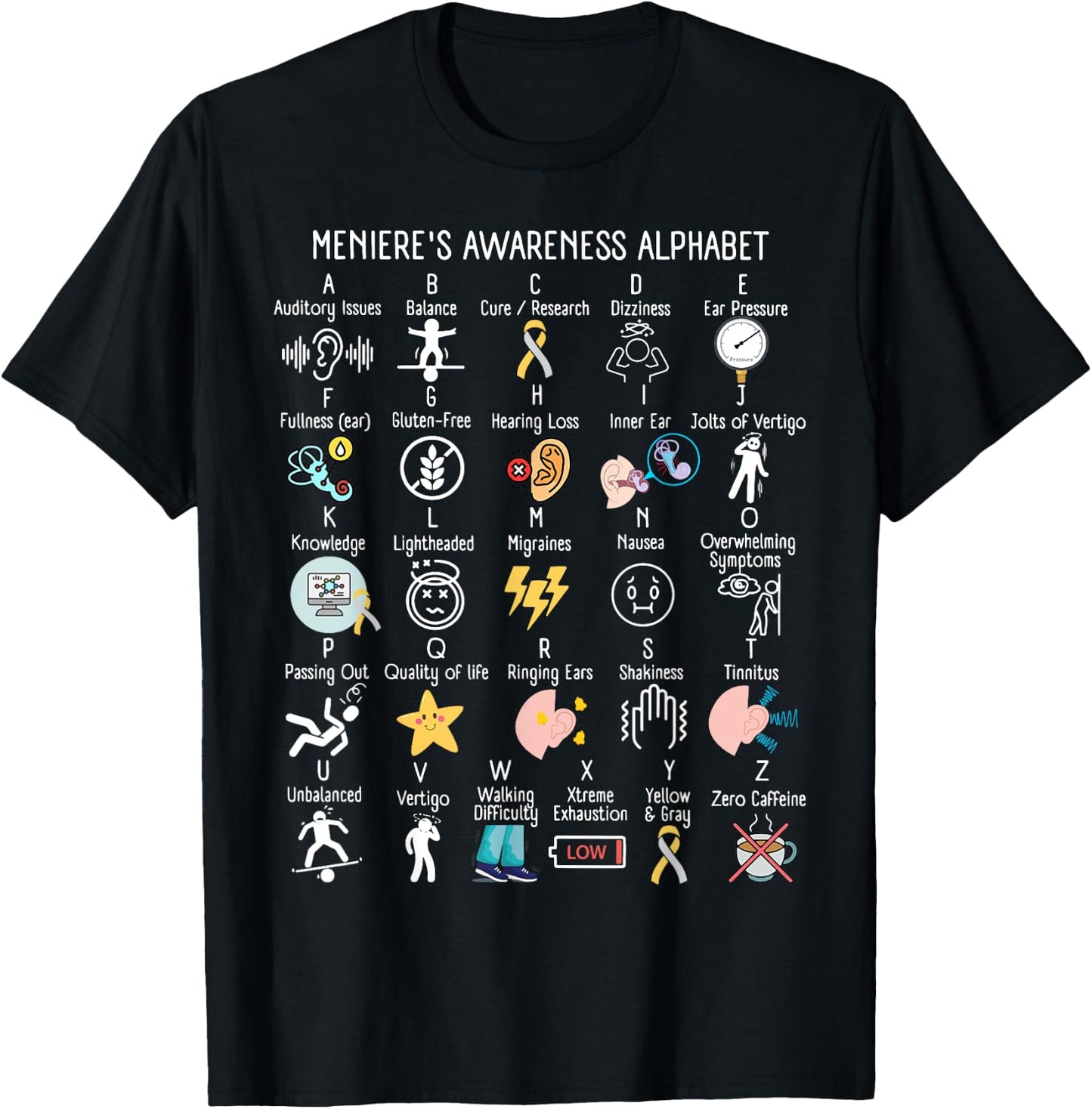 Menieres Awareness Alphabet Meniere's Disease Awareness T-Shirt - T-Shirt | Black