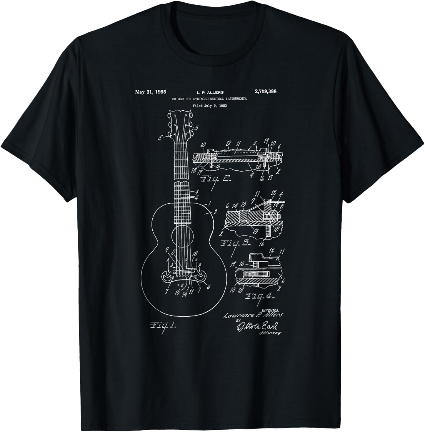 Classic Vintage Patent Print 1955 Guitar Bridge T-Shirt - T-Shirt | Black