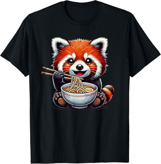 Red Panda Eating Ramen | Kids, Girls, Boys | Cute Red Panda T-Shirt - T-Shirt | Black