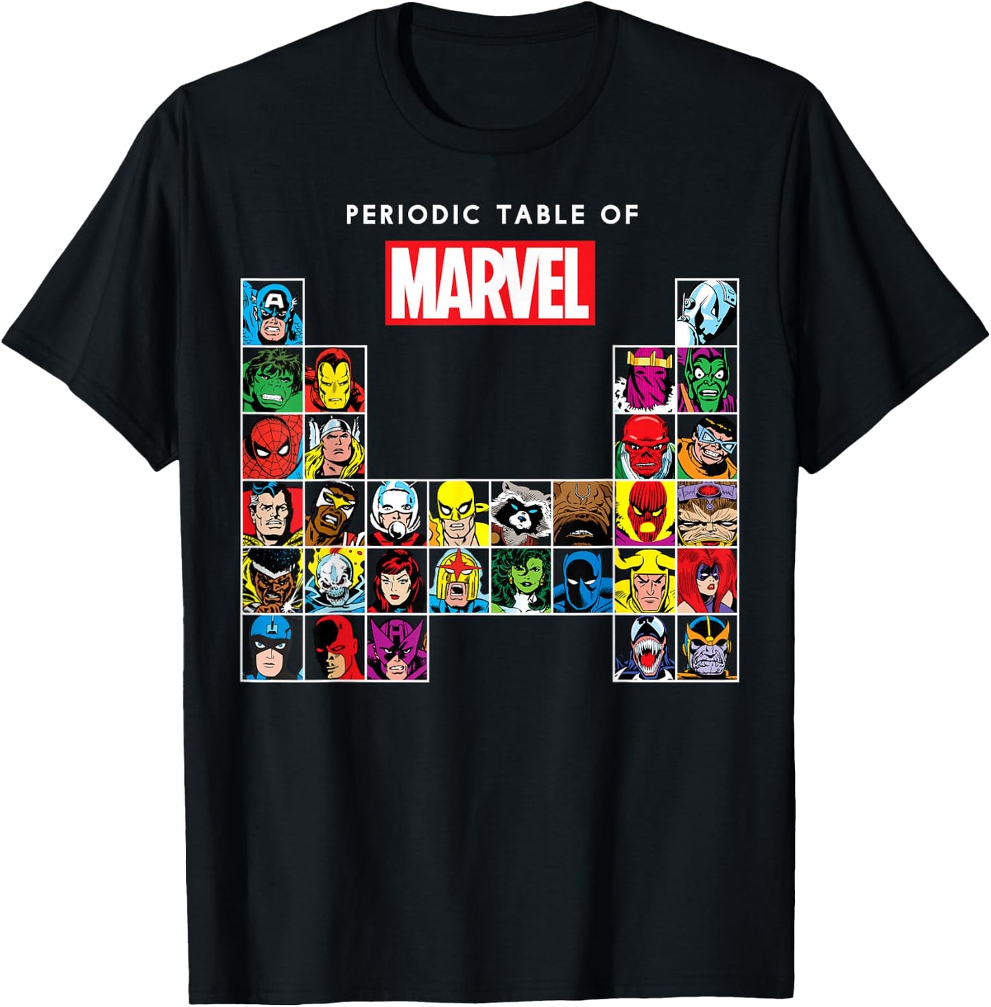 Marvel Periodic Table of Heroes & Villains Retro T-Shirt - T-Shirt | Black