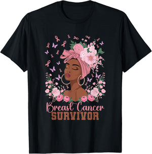 Black Woman Pink Ribbon October Breast Cancer Survivor T-Shirt - T-Shirt | Black