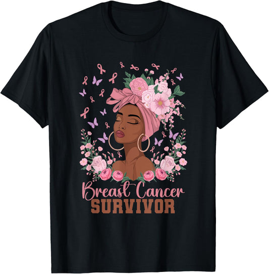 Black Woman Pink Ribbon October Breast Cancer Survivor T-Shirt - T-Shirt | Black