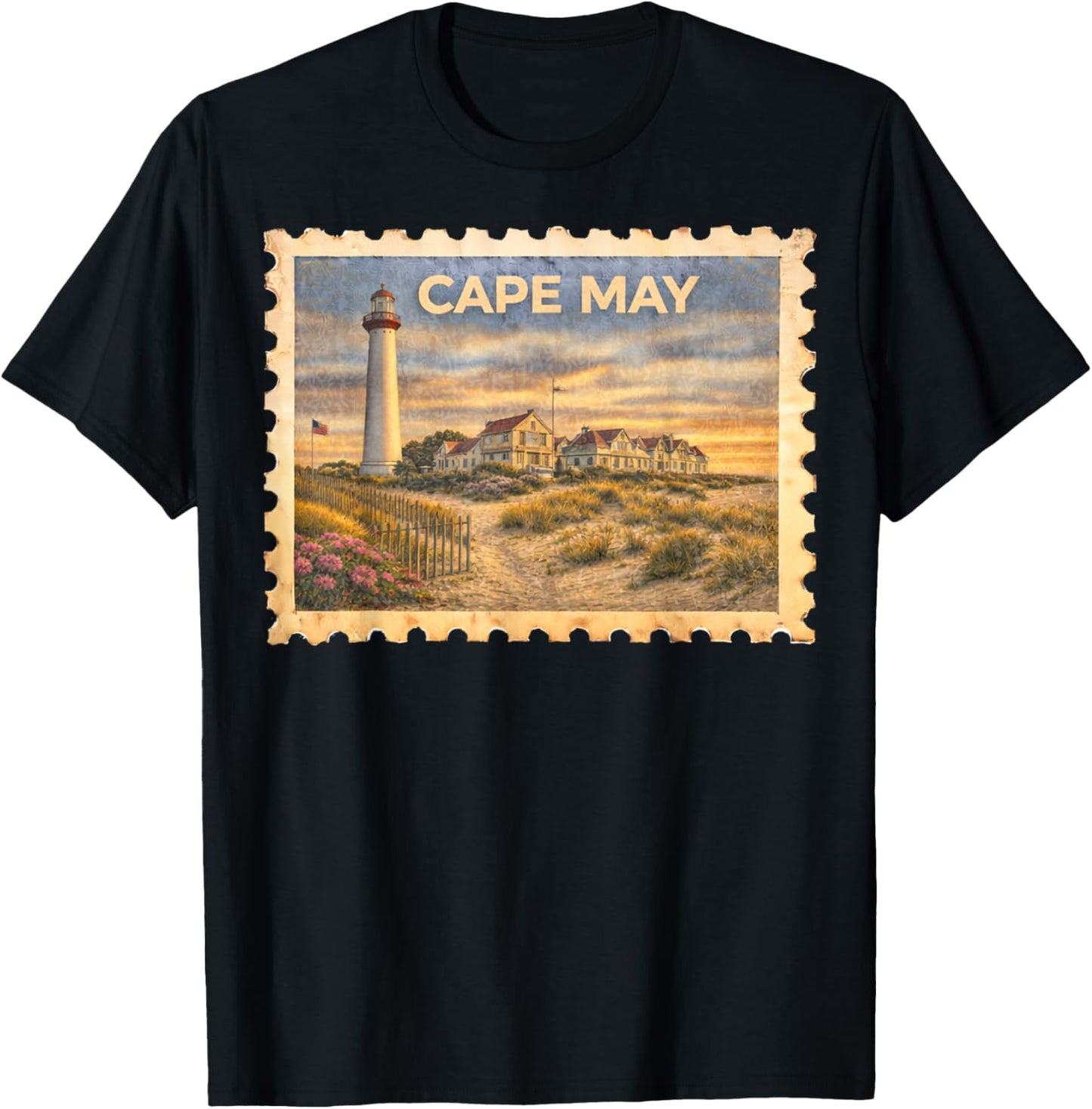 Vintage Cape May New Jersey Retro Travel Stamp Art T-Shirt - T-Shirt | Black