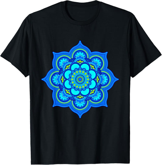Yoga Mandala bright blue and turquoise T-Shirt - T-Shirt | Black