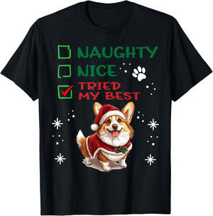 Cute Pembroke Welsh Corgi Dog Christmas Naughty Nice Tried T-Shirt - T-Shirt | Black