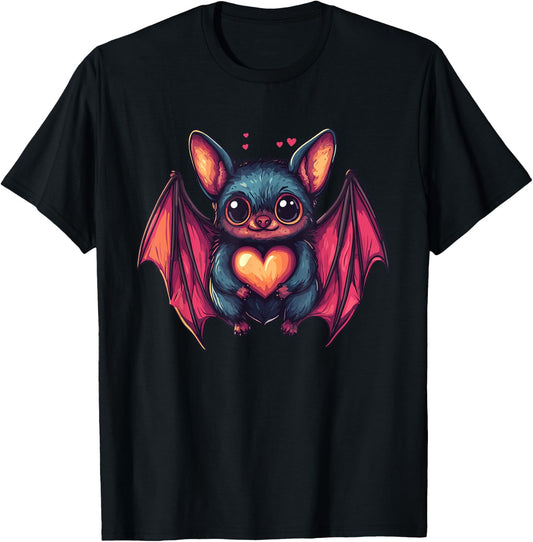 Cute Bat Holding Heart T-Shirt - T-Shirt | Black
