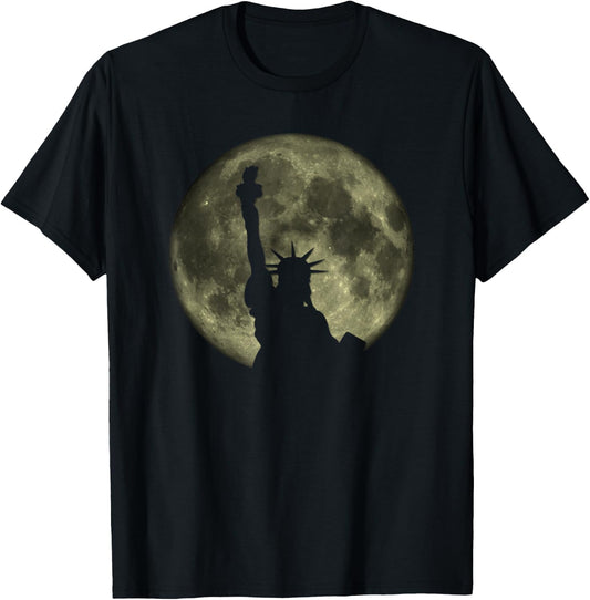 Statue of Liberty Silhouette Moon National Pride USA T-Shirt - T-Shirt | Black